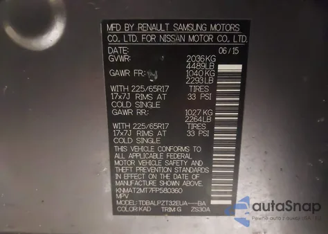 2015 Nissan Rogue S z USA, uszkodzony, nr VIN KNMAT2MT7FP580360